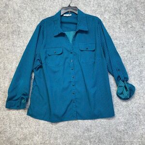 Notations Button Up Shirt Women 3X Teal Black Grid Roll Tab Excellent